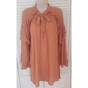 NEW FREE PEOPLE CAMEL RUFFLED LONG SLEEVE BLOUSE TUNIC SZ XSMALL